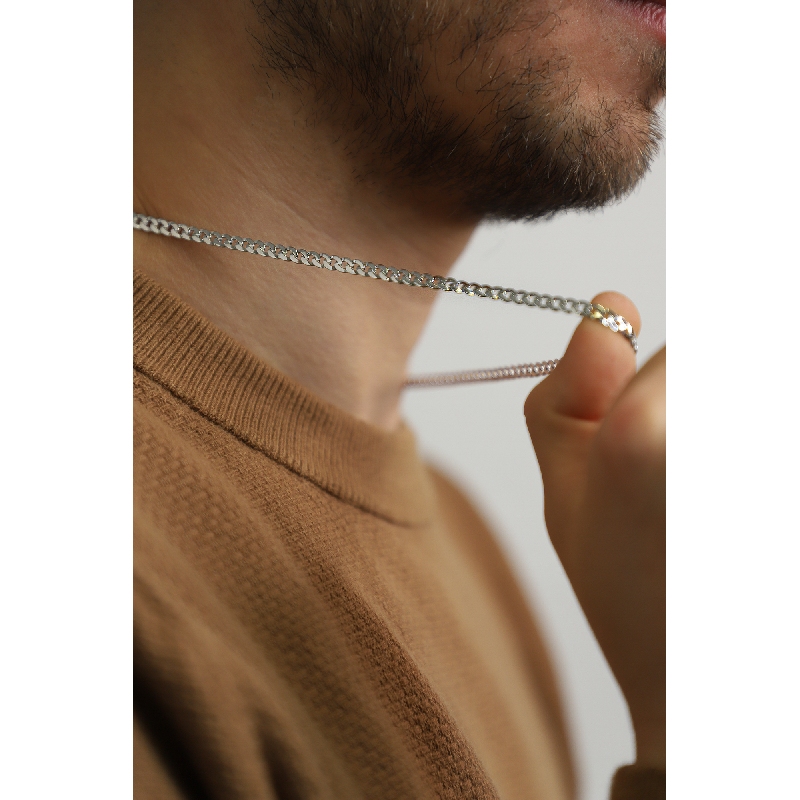 Collana a maglia groumette piatta in oro bianco 18k, cm 50.