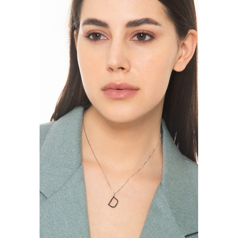 18k white gold letter D with black diamonds