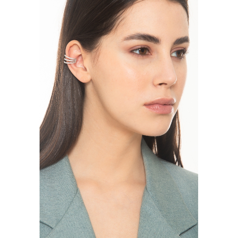 Earcuff oro bianco con tre file di diamanti 