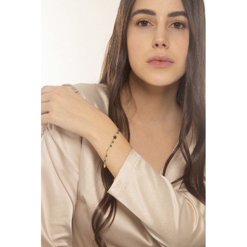 18k yellow gold bracelet with charms and green stones