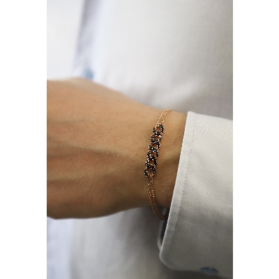 Bracciale groumette 6 maglie rolò in oro rosa 18k con diamanti neri e punte brunite, 19+0.5 cm