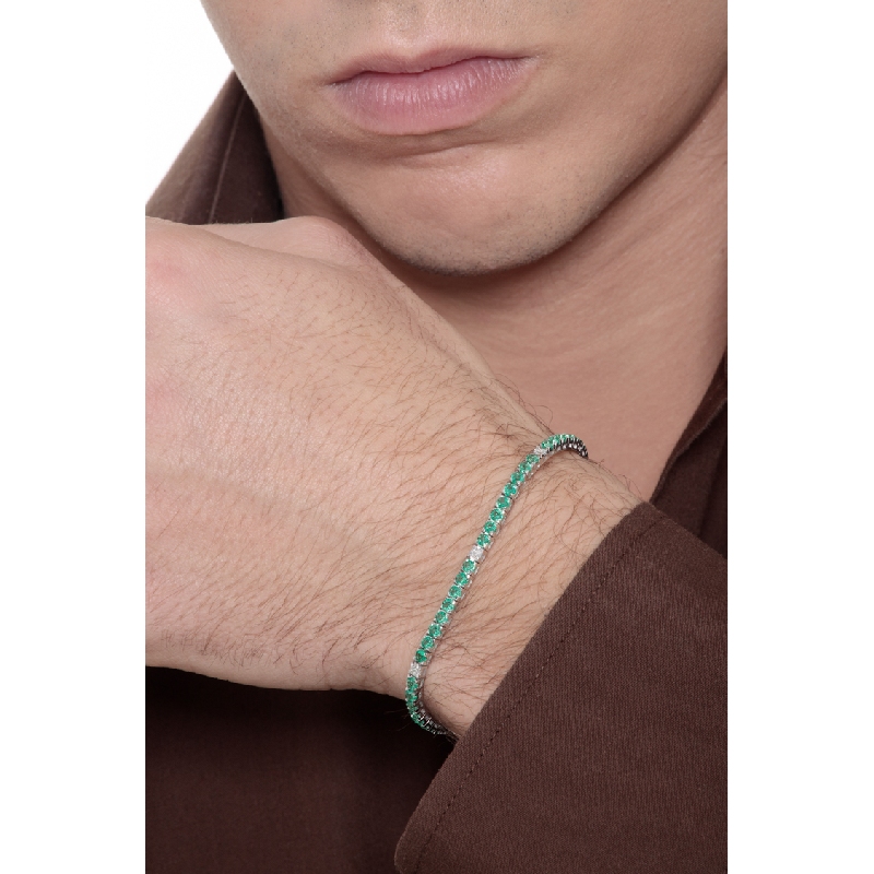 Wire tennis bracelet with emeralds and diamonds