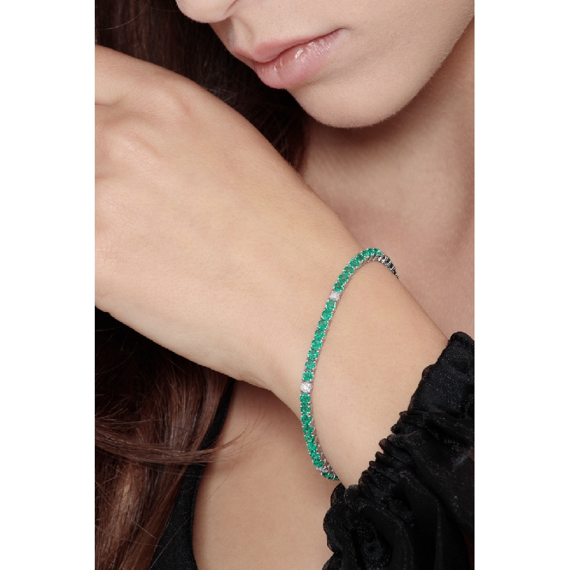 Bracciale Tennis in oro Bianco 18k con Smeraldi e Diamanti da 0,10 ct