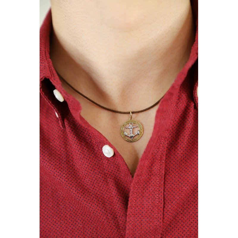 18k yellow and white gold pendant with anchor and wind rose 