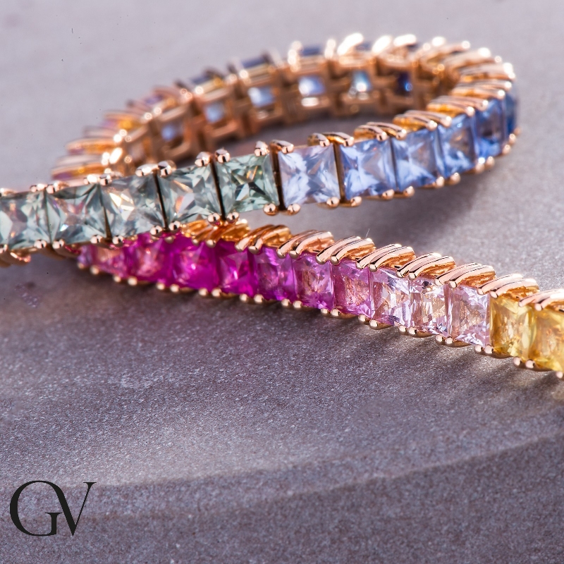 TENNIS RAINBOW ZAFF.MULTIC.OR.GRIFFE FILO QUADRO PRINCESS.59pietre da3mm.VED.MIS