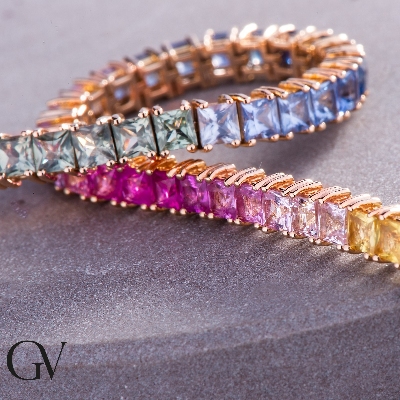 TENNIS RAINBOW ZAFF.MULTIC.OR.GRIFFE FILO QUADRO PRINCESS.59pietre da3mm.VED.MIS