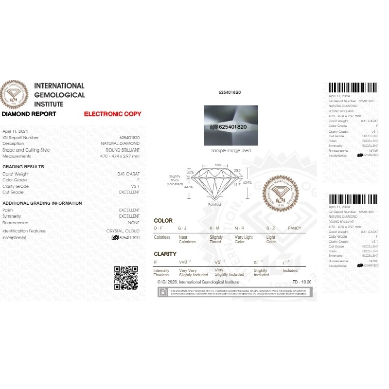 Diamante Certificato IGI   CT 0,41   F  VS 1