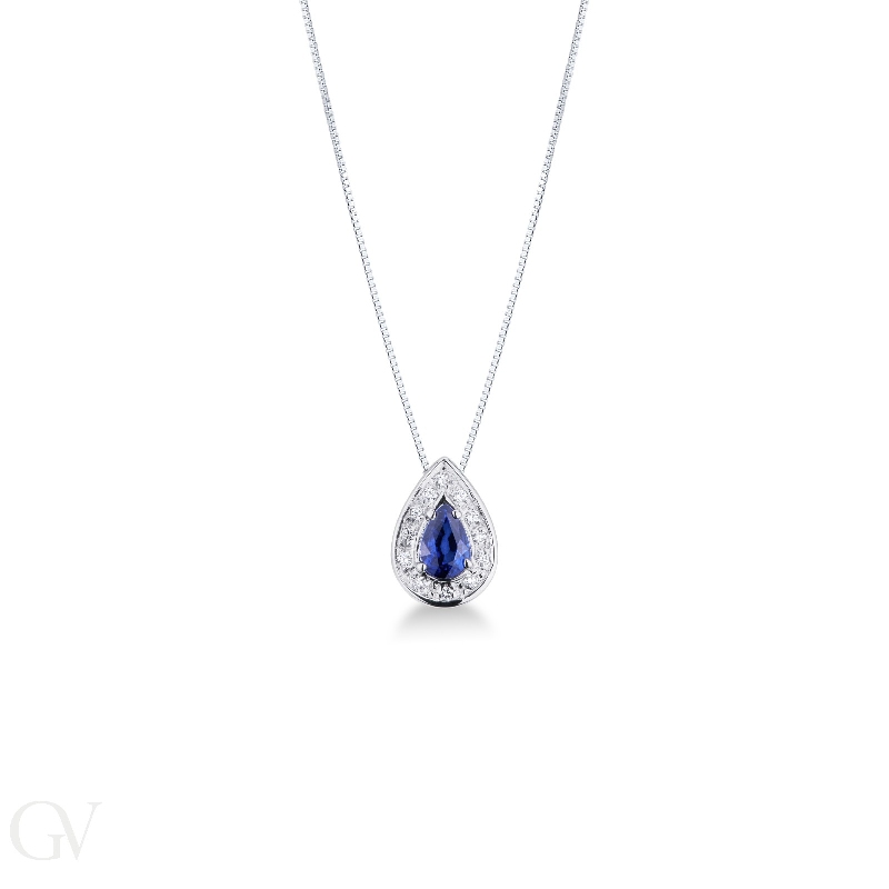 Necklace with pendant, diamonds and a pear cut blue sapphire