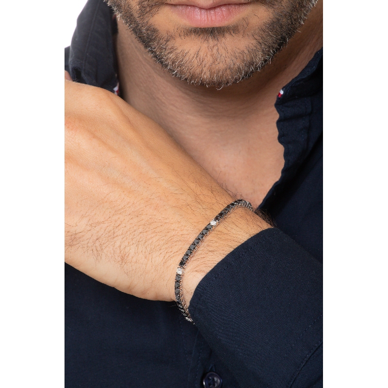 Bracciale Tennis in oro Bianco 18k con punte brunite diamanti neri e diamanti bianchi