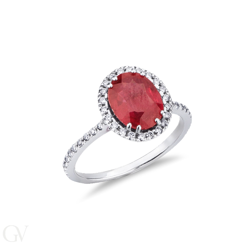 18k white gold halo ring with oval cut ruby and diamonds halo and shoulder set