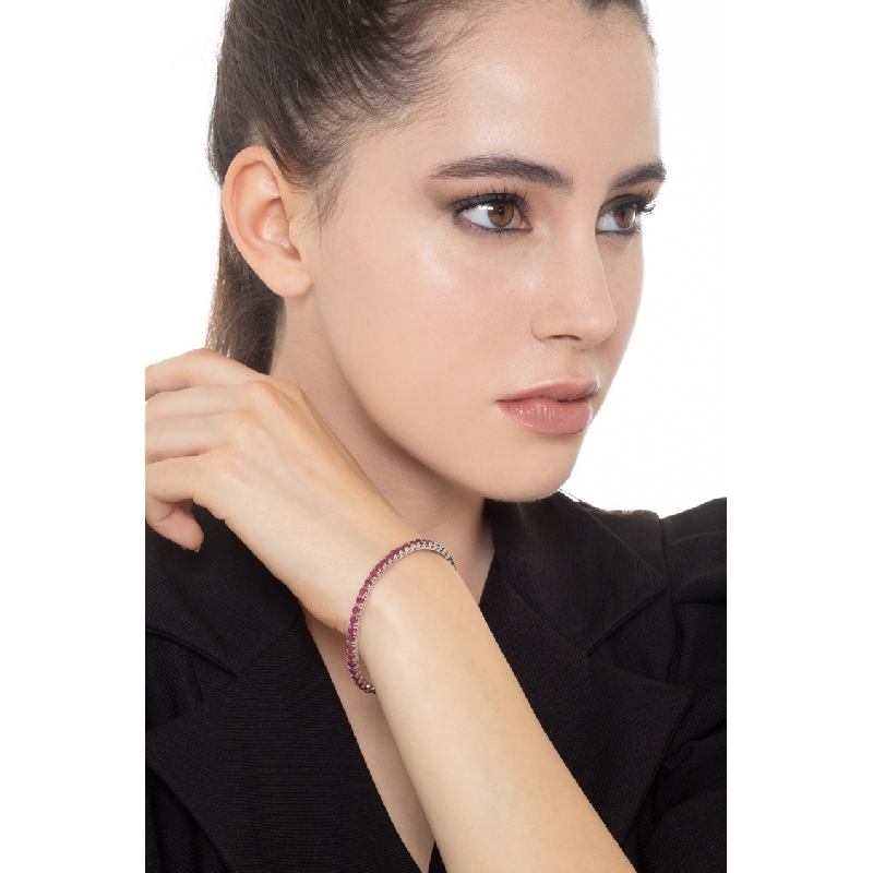 Bracciale Tennis griffe quadro in oro Bianco 18k con Rubini