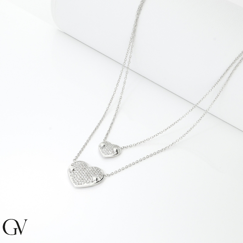CARISSIMA Collana Con Pendente Doppio Cuore In Oro Bianco 9kt E Zirconi, 46 Cm