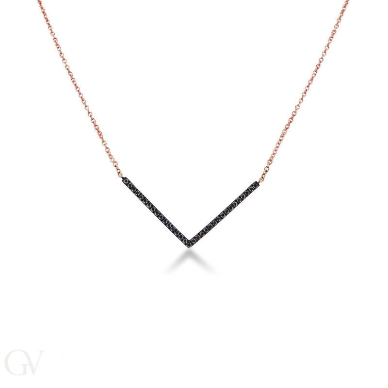 18k rose gold necklace with V shape pendant with black round cut diamonds