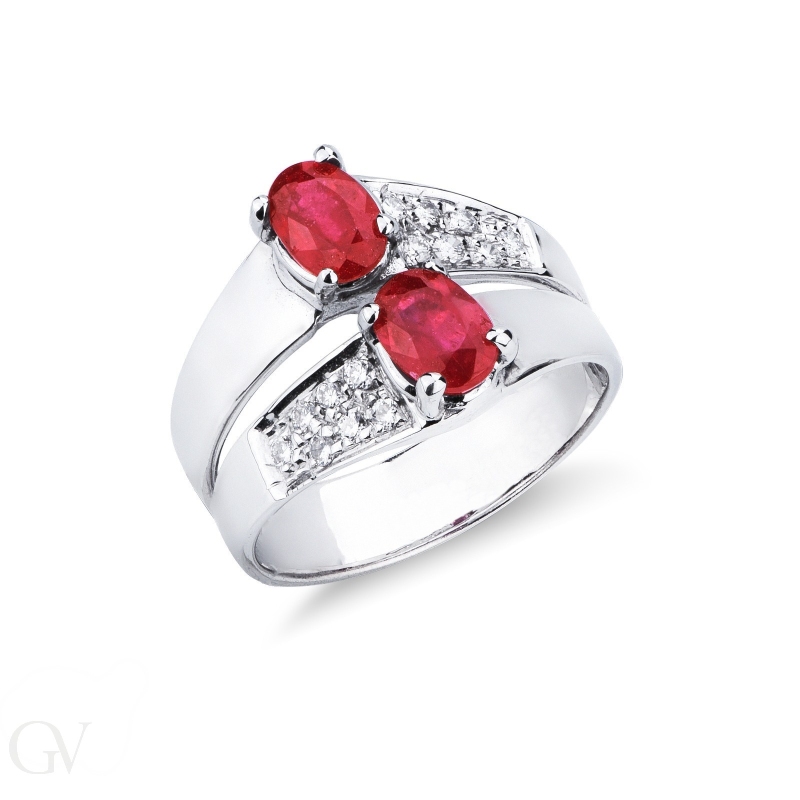 White gold 18k band ring with two central rubies and diamonds 