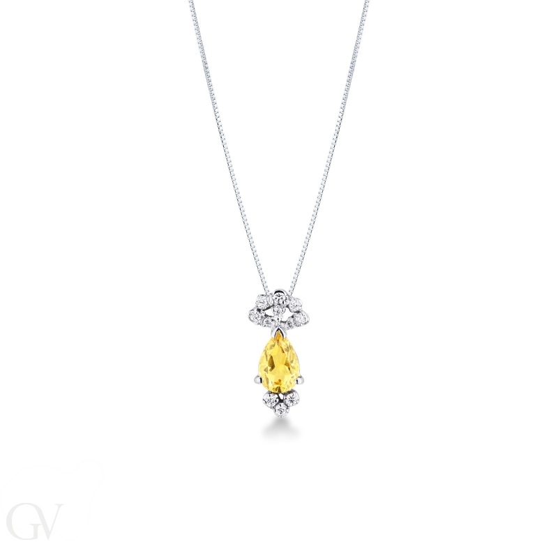 Pear cut citrine pendant with diamonds