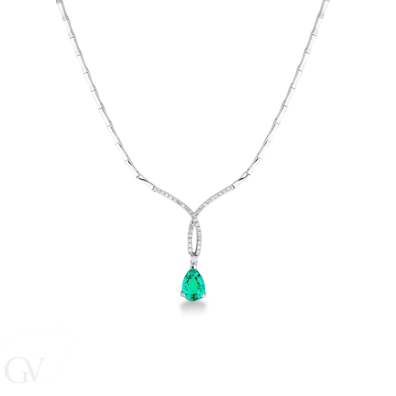 18k white gold semirigid necklace with emerald and diamonds