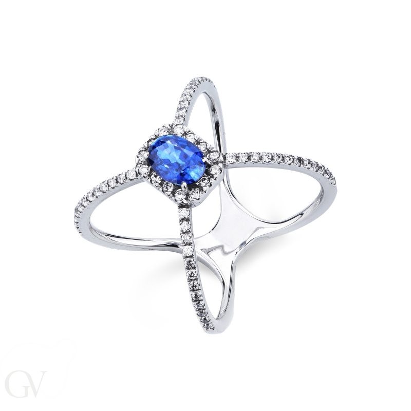 Criss cross ring white gold 18k with a blue sapphire and diamonds 