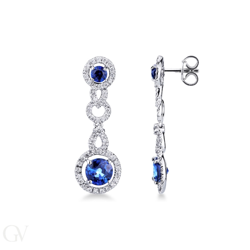 18k white gold earrings pendants with blue sapphires and diamonds 