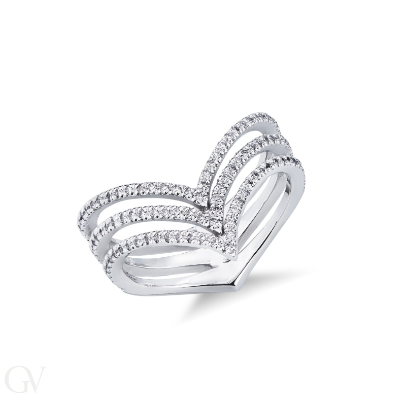 Three-row convergent ring with diamonds in white gold 18k