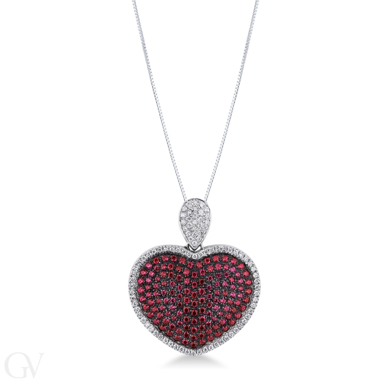 Heart pendant with burnished rubies pavé and  diamonds