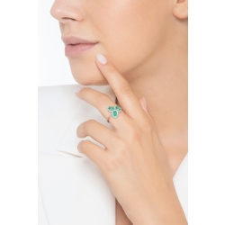 White gold 18k ring with three oval cut emeralds and halo diamonds  2