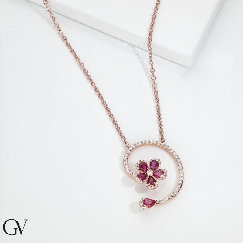 Collana fiore in oro rosa 750 in rubini e diamanti