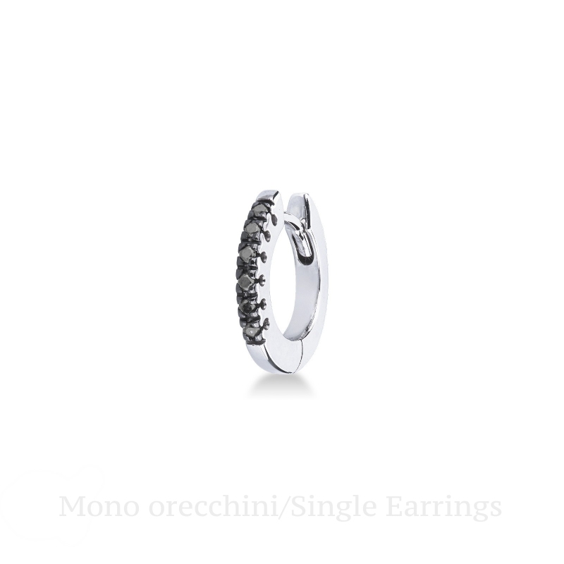 Mono orecchino a cerchio in oro bianco 18k con diamanti neri, 10 mm