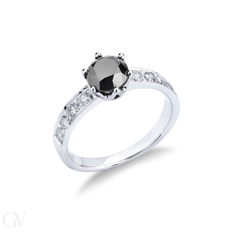 6 claw solitaire ring with a central black diamond and white diamonds shoulder set