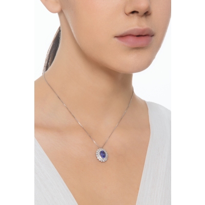 18k white gold necklace with central tanzanite and diamonds