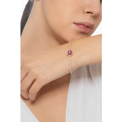Bracciale fiore rigido in oro rosa 18k con rubini e diamanti