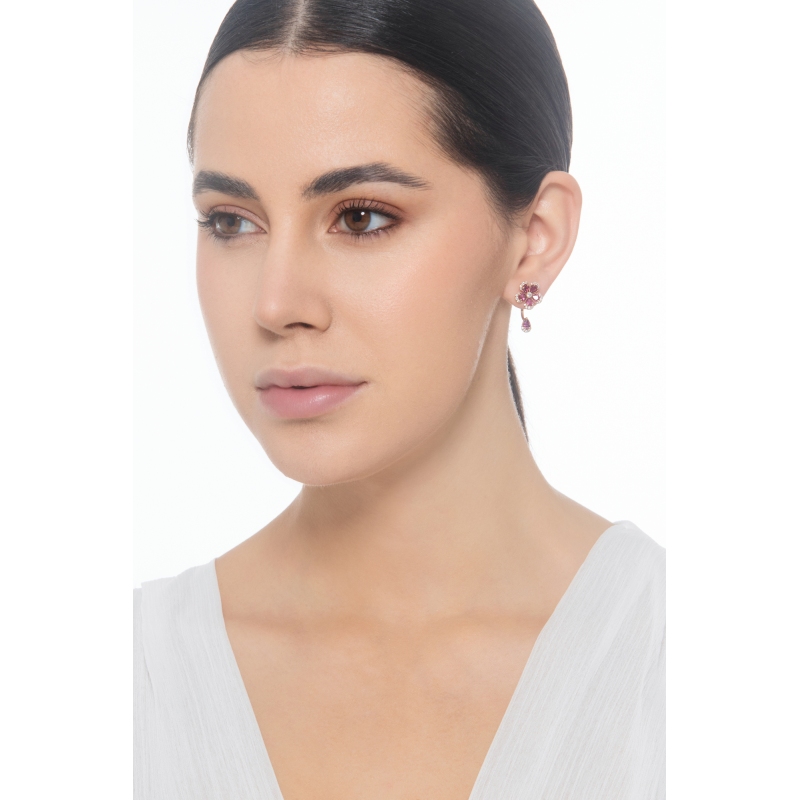 Orecchini fiore pendenti in oro rosa 18k con rubini e diamanti