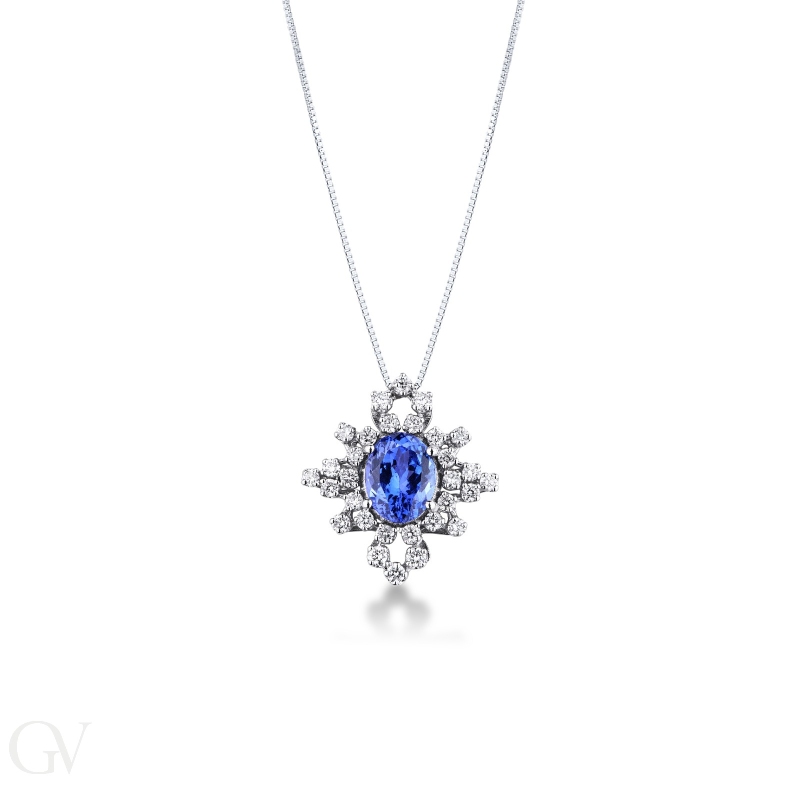 18k white gold necklace with pendant with tanzanite oval cut and diamonds 