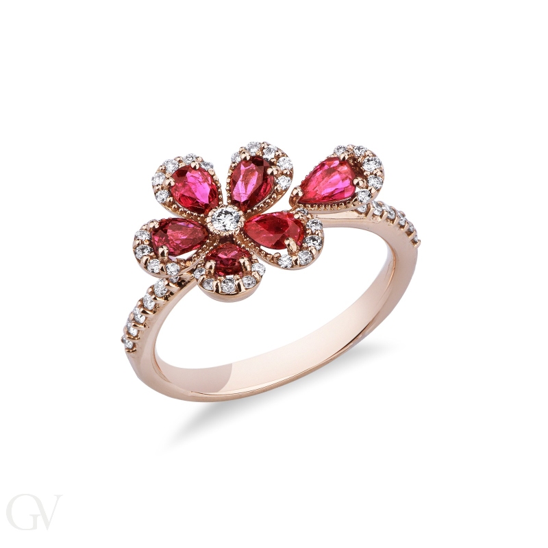 Anello fiore in oro rosa 18k con rubini e goccia e diamanti