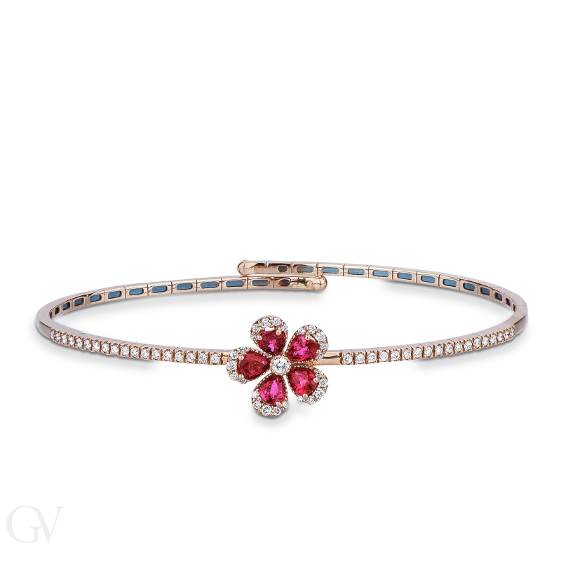 Bracciale fiore rigido in oro rosa 18k con rubini e diamanti