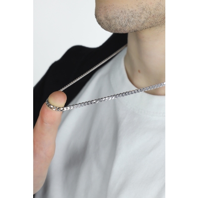 Collana a maglia groumette piatta in oro bianco 18k, cm 60.