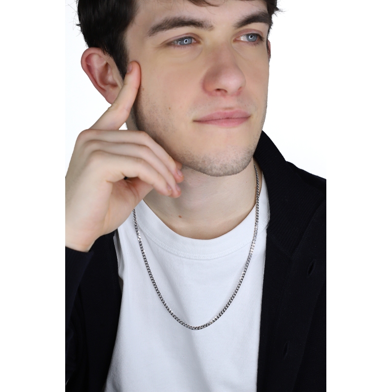 Collana a maglia groumette piatta in oro bianco 18k, cm 60.