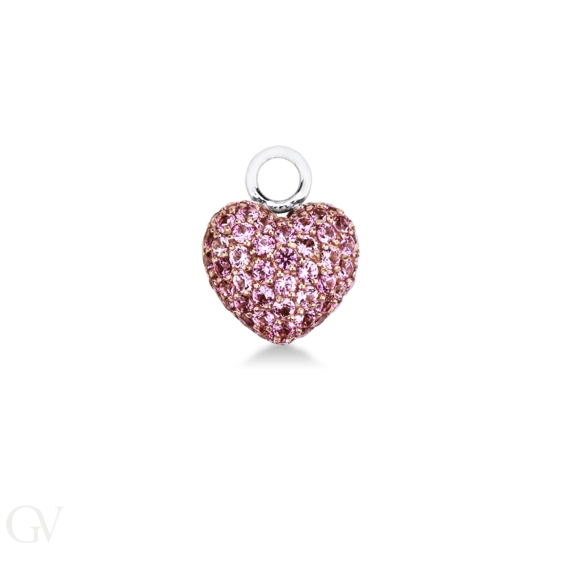 Charm cuore bombato in oro bianco 18k con pavè zaffiri rosa