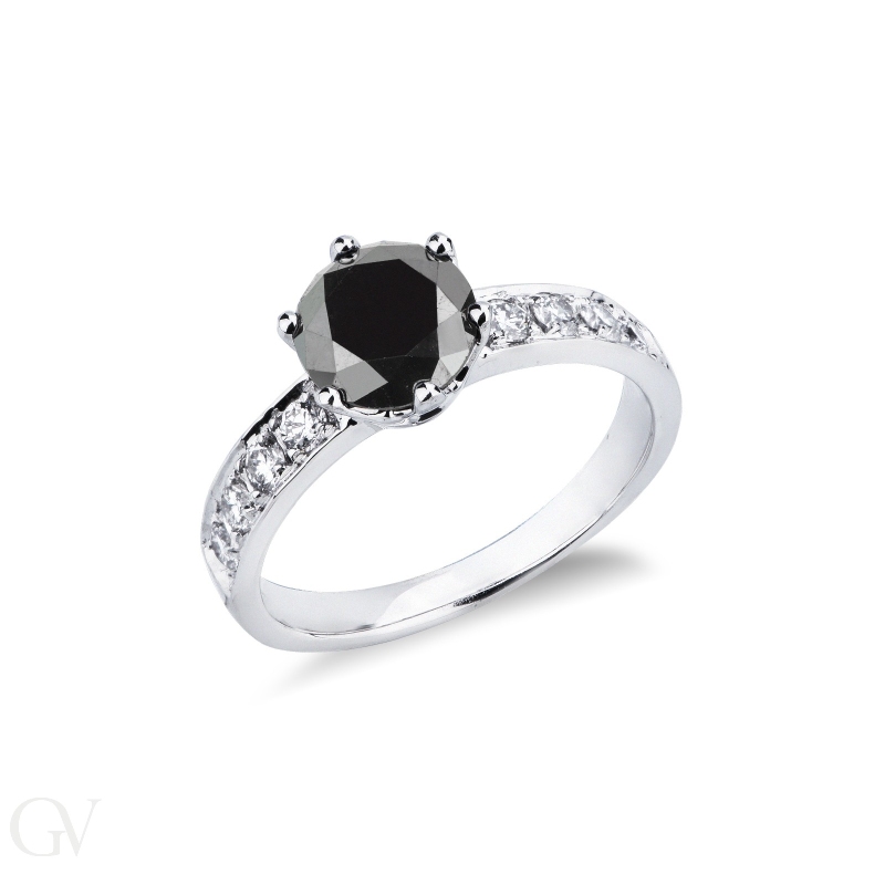 6 claw solitaire ring with a central black diamond and white diamonds shoulder set