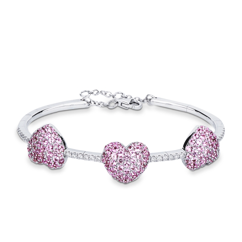 Bracciale in oro bianco 750 con diamanti e tre cuori in zaffiri rosa