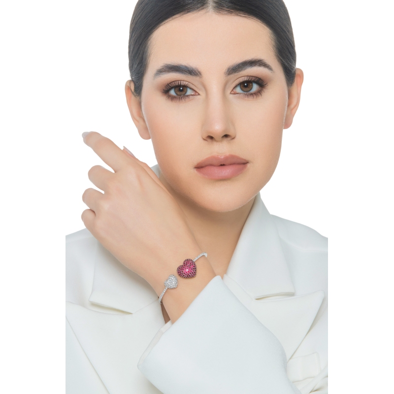Bracciale in oro bianco 750 con cuori in diamanti e rubini