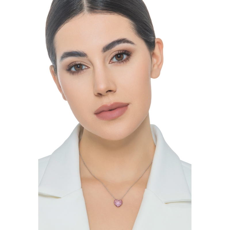 Collana in oro bianco 750 con ciondolo pavè cuore bombato zaffiri rosa