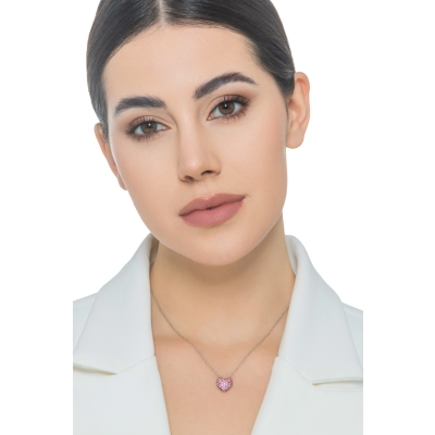 Collana in oro bianco 750 con ciondolo pavè cuore bombato zaffiri rosa