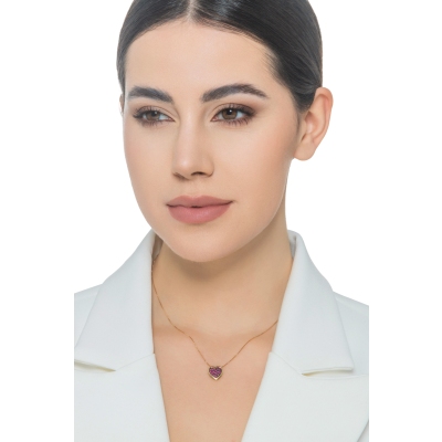 Collana in oro giallo 18k con ciondolo cuore pavè brunito con rubini
