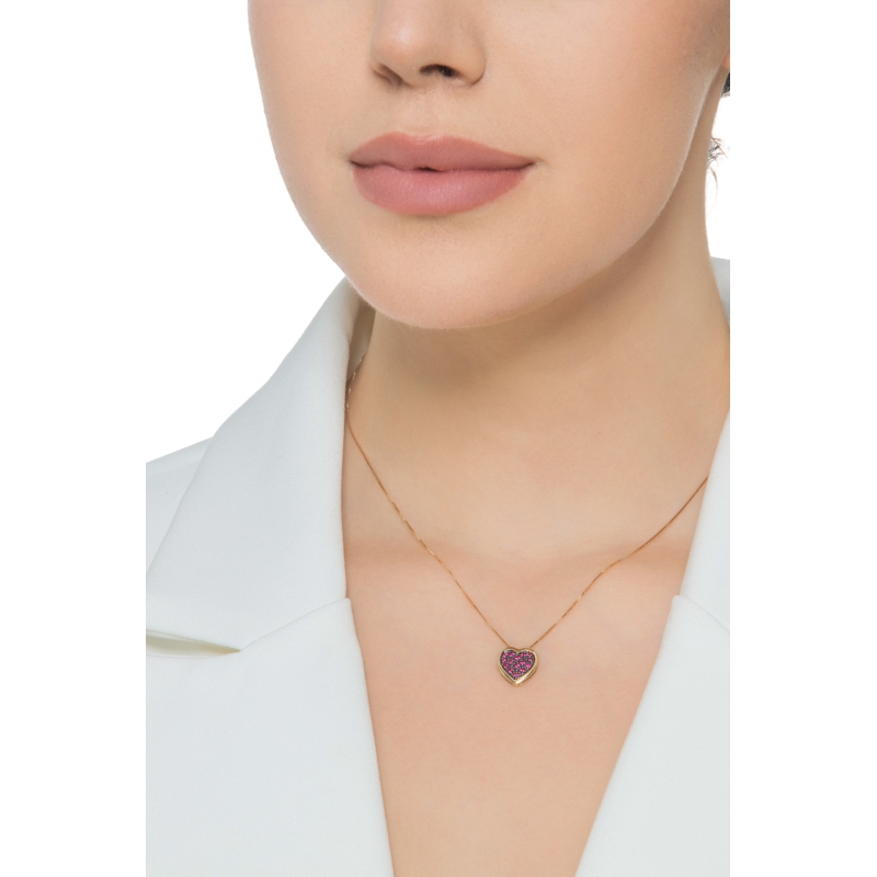 Collana in oro giallo 18k con ciondolo cuore pavè brunito con rubini