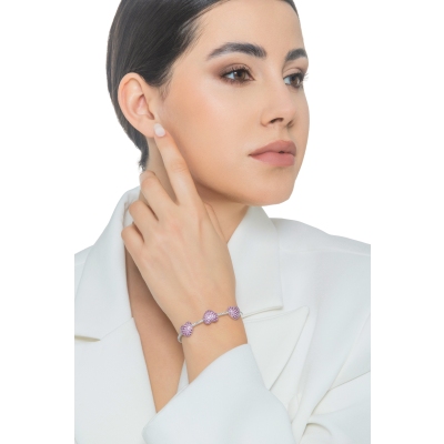 Bracciale in oro bianco 750 con diamanti e tre cuori in zaffiri rosa
