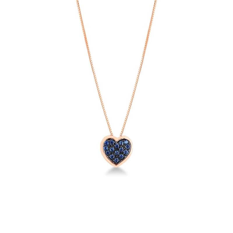 Collana in oro rosa 18k con ciondolo cuore pavè brunito zaffiri blu