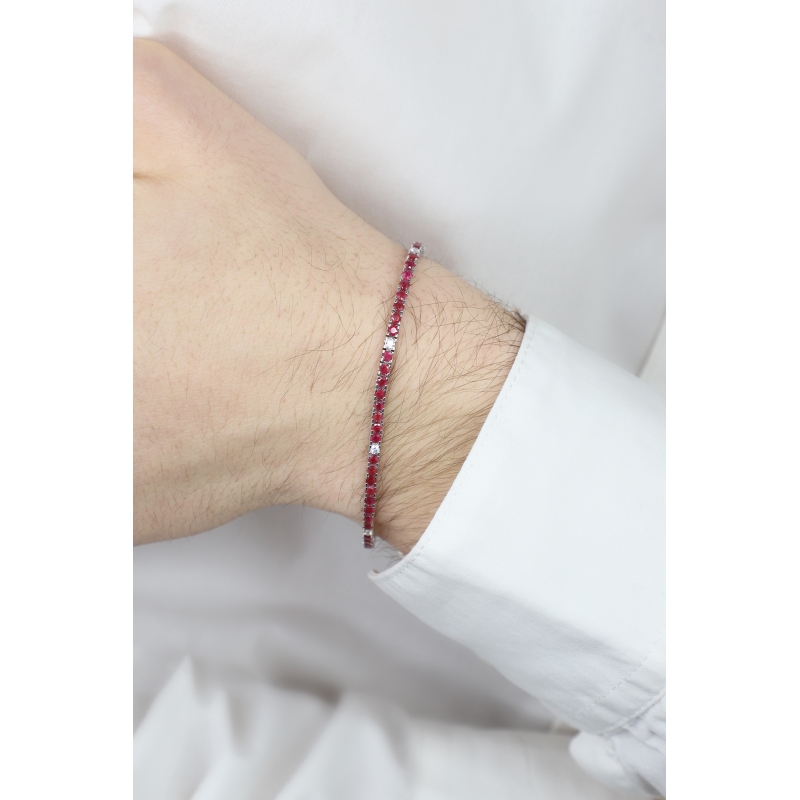 Square links tennis bracelet wih rubies and diamonds