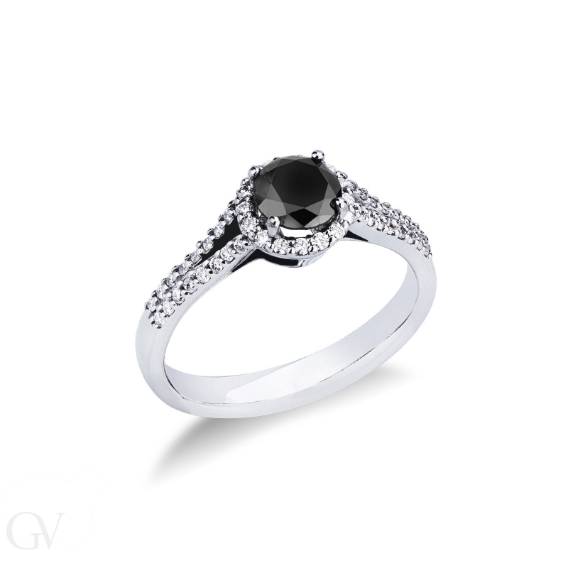 Solitaire type ring with black central diamond and halo and shoulder set diamonds 