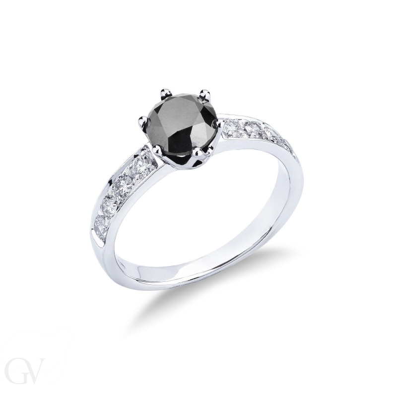 6 claw solitaire ring with a central black diamond and white diamonds shoulder set