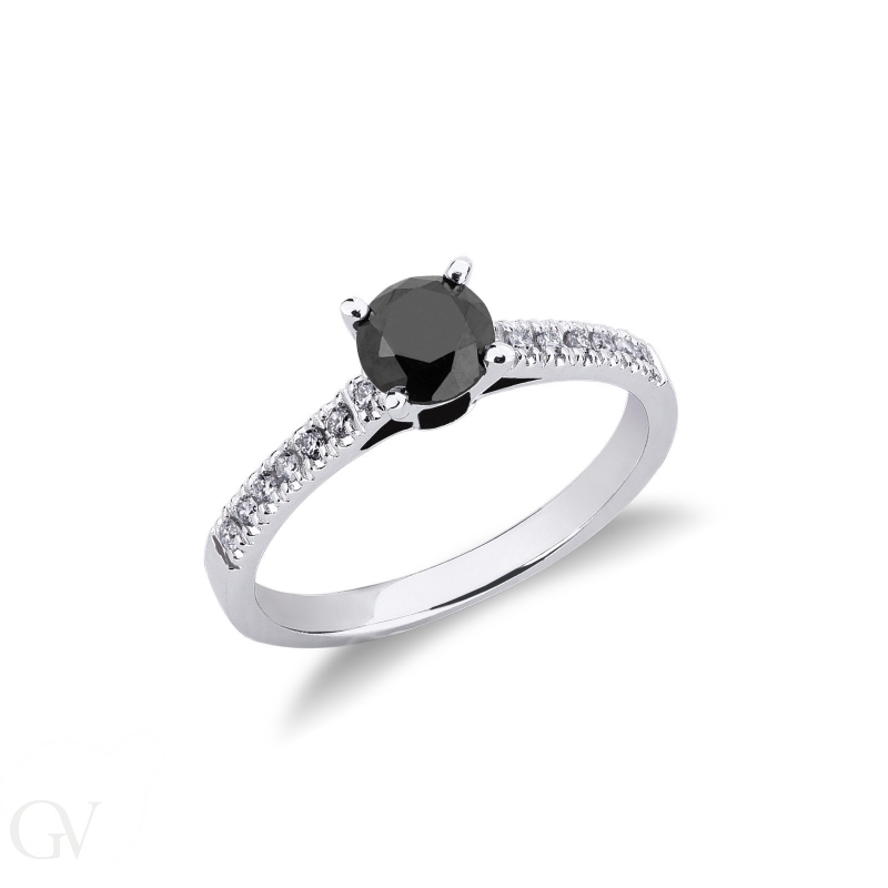 Solitaire ring with a central black diamond and white diamond shoulder set